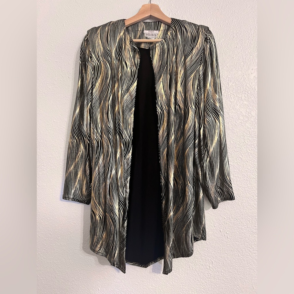 Vintage I Magnin 80s Gold Lame Silk Long Cardigan Jacket Luxe Glam Mob Wife
